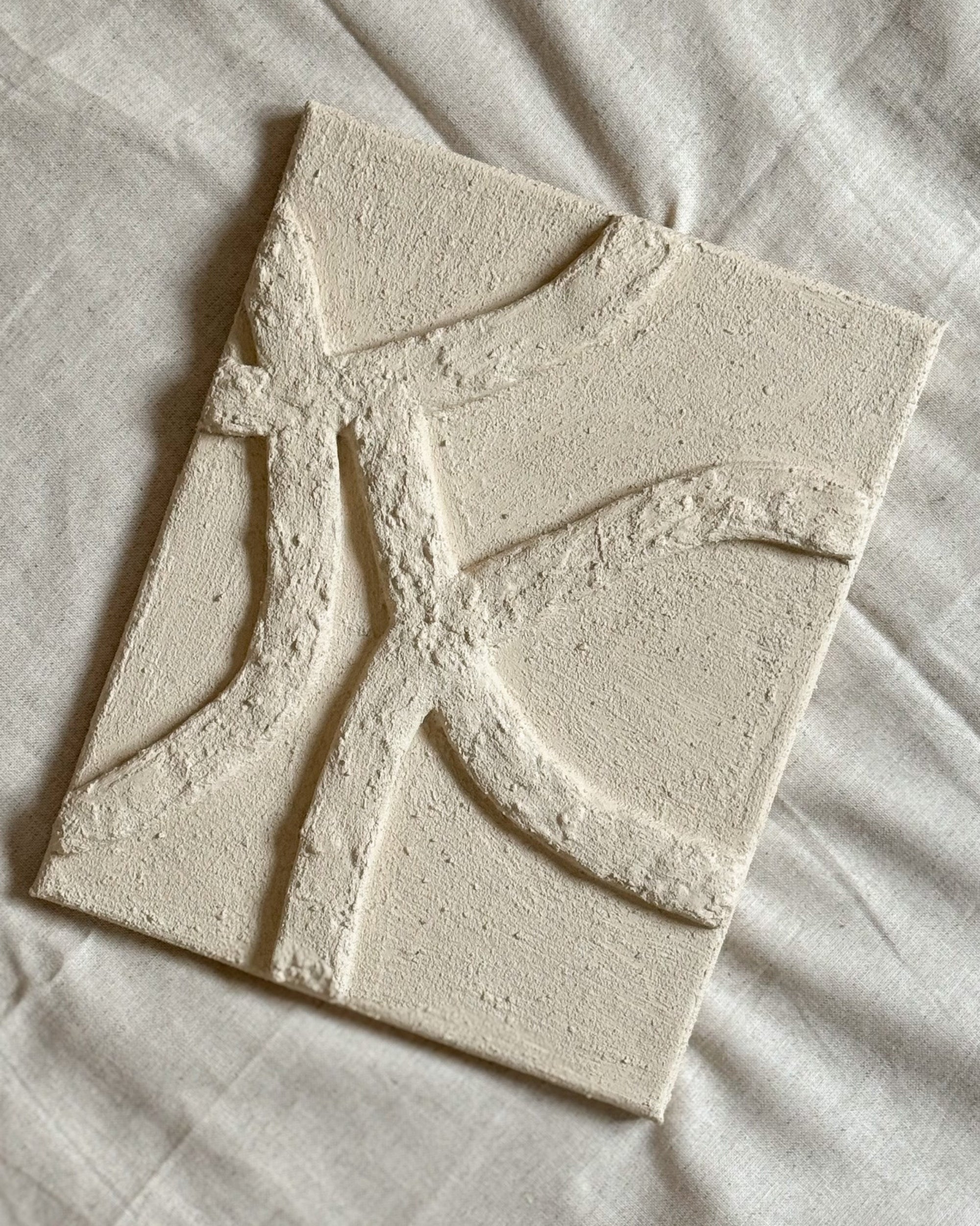 Overzicht van abstract reliëf kunstwerk in beige met gelaagde textuur en organische lijnen gemaakt door Studio Lamain.